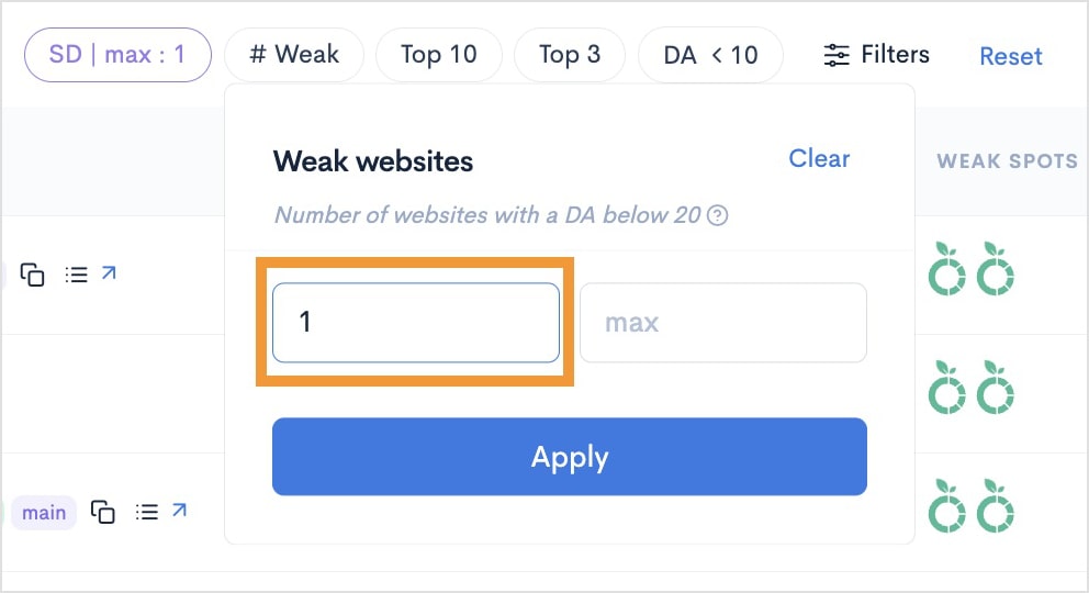 Set Weak Spots Filter to 1 Min Number of weak websites filter set to 1 minimum.