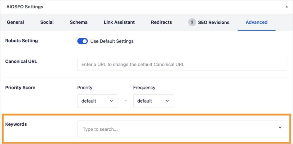 Add meta keywords in a WordPress post or page.