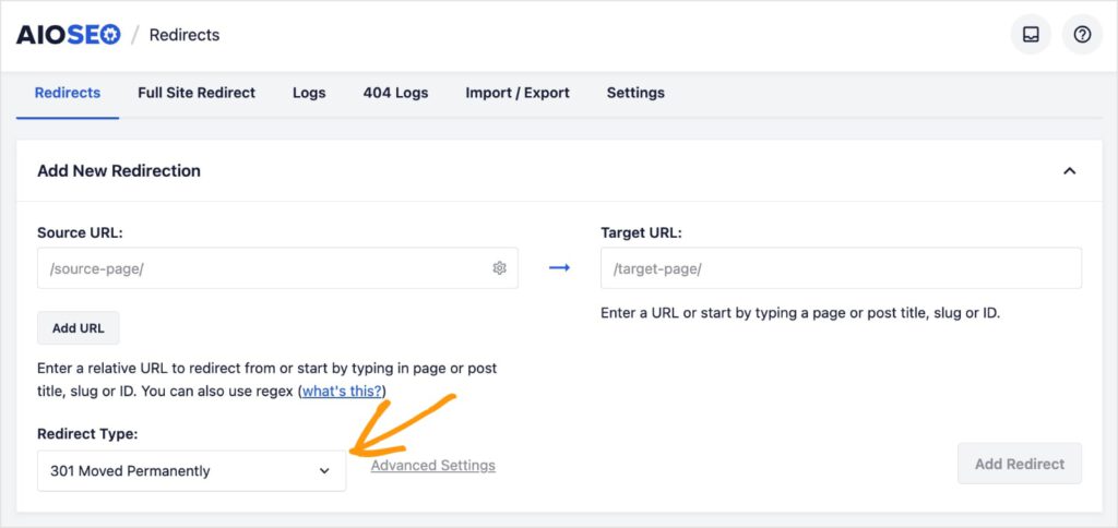 AIOSEO redirect manager shows 301 permanent redirects.