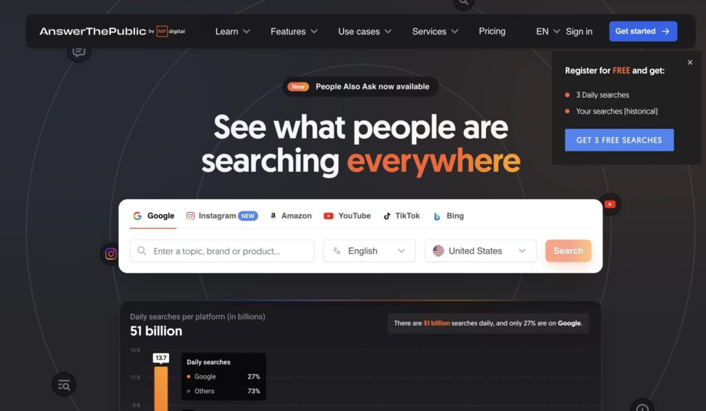 AnswerThePublic homepage, a keyword research tool.