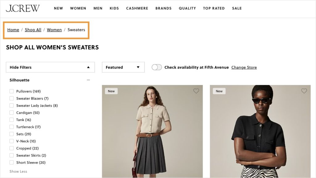 Breadcrumb Trail Breadcrumb trail on a J.Crew collection page.