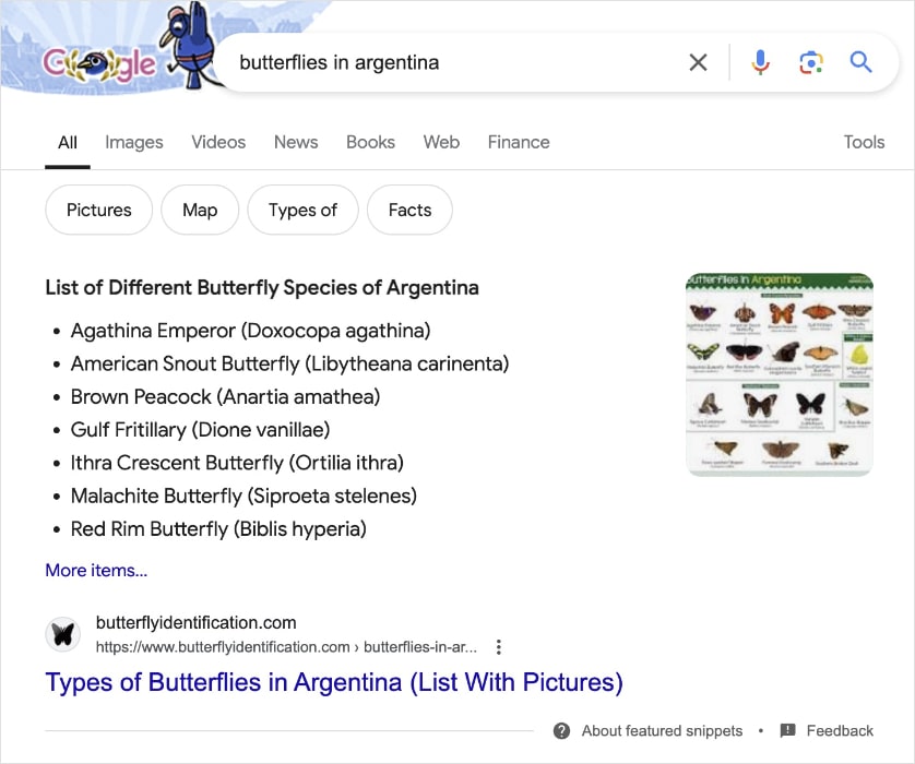 Bulleted List Example Bulleted list in Google featured snippet for butterflies.