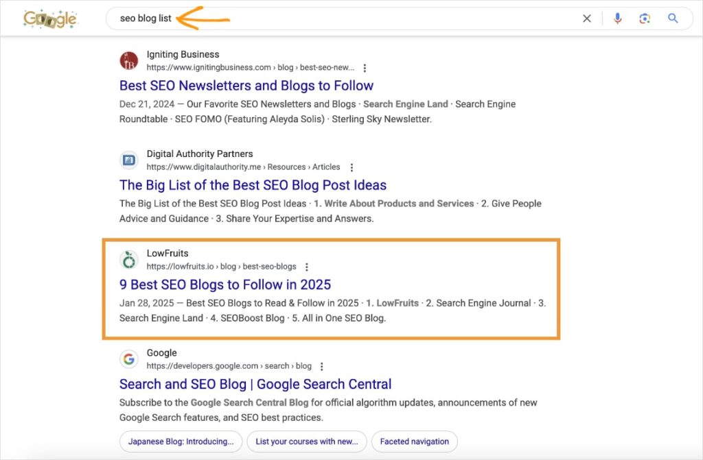 Google search results for the query seo blog list.