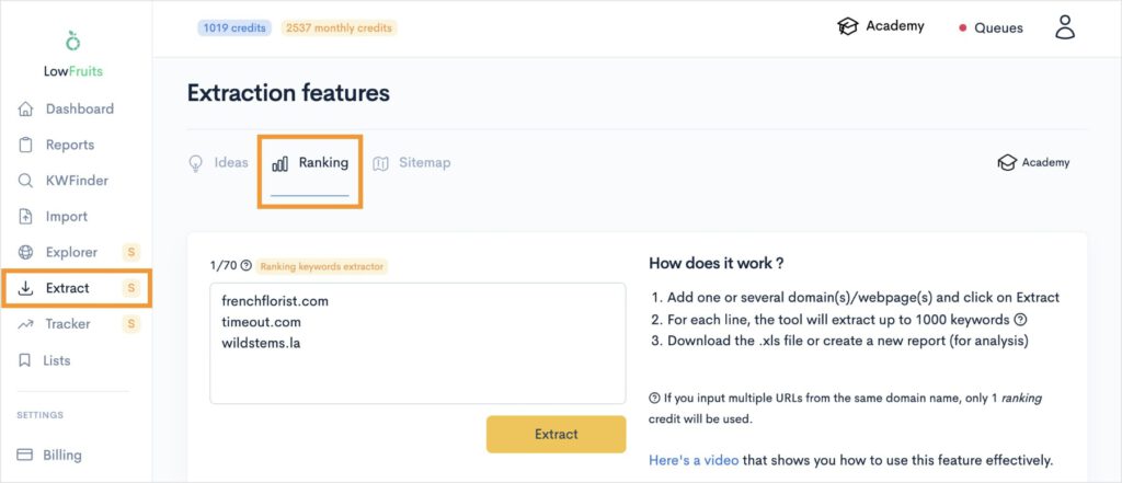 Extract ranking keywords from competitors domains in Lowfruits.