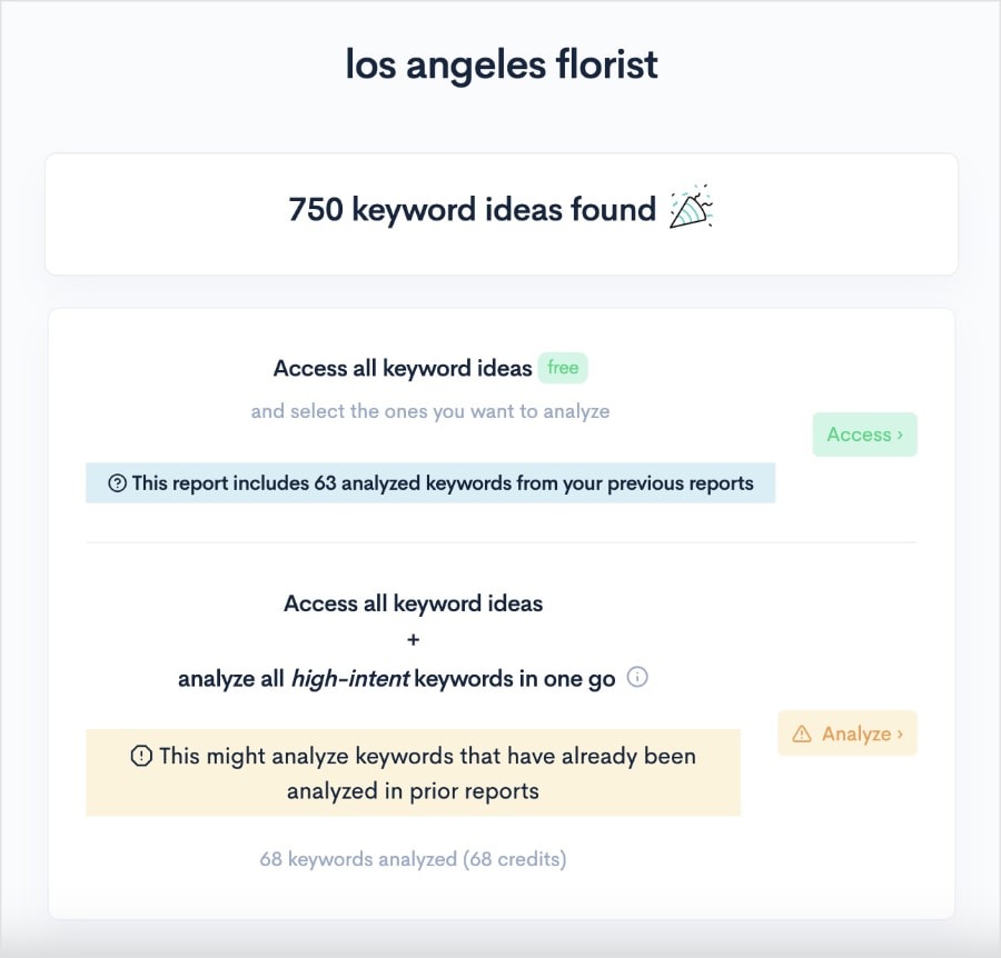 Options to access keywords.
