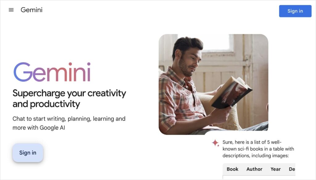 Google Gemini, an AI SEO tool for content creation.