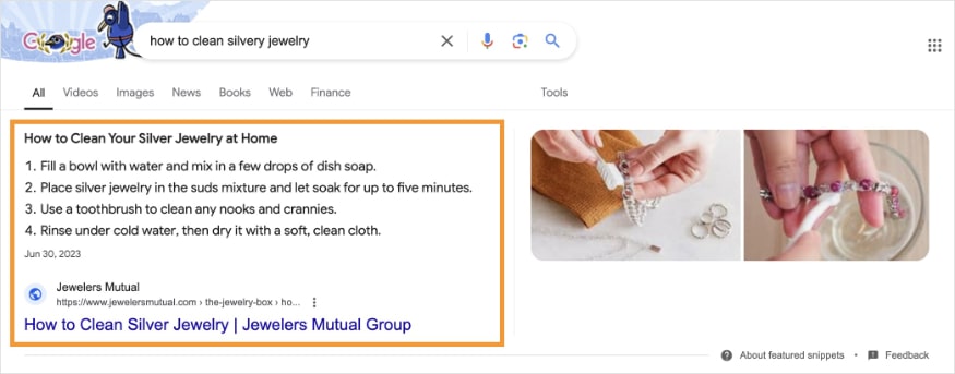 Featured Snippet Featured snippet for how to clean silvery jewelry.