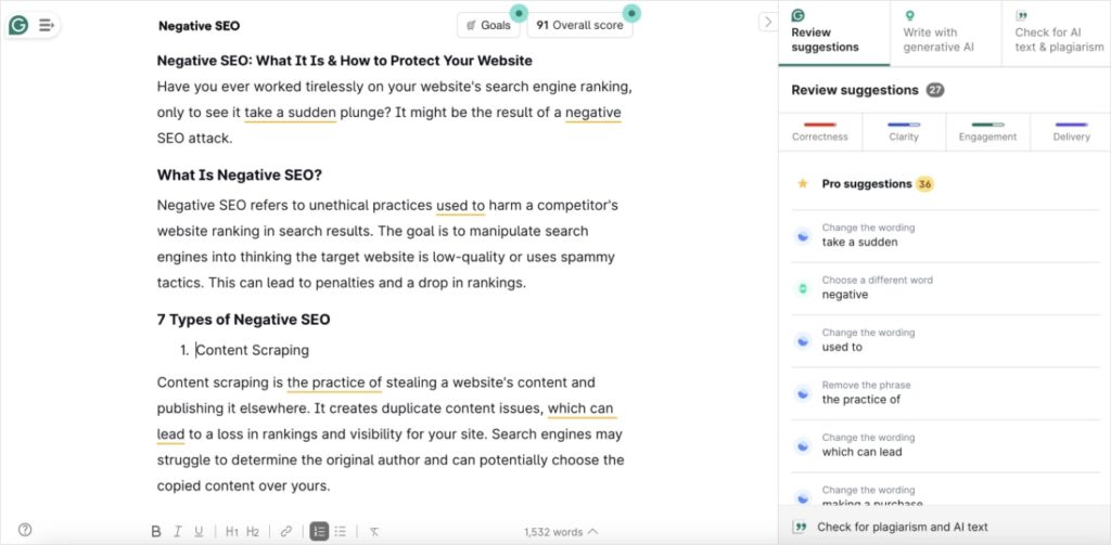 Grammarly review suggestions for an article.