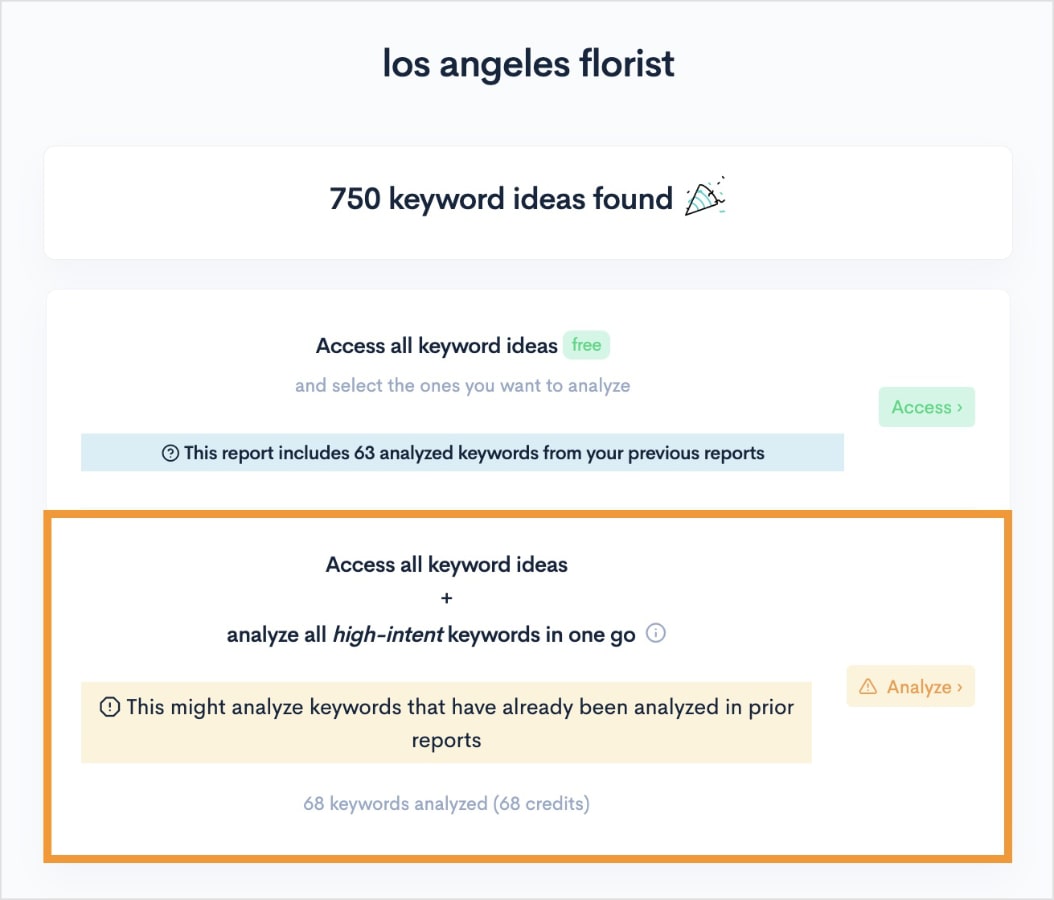 Option to analyze all high-intent keywords in your report.