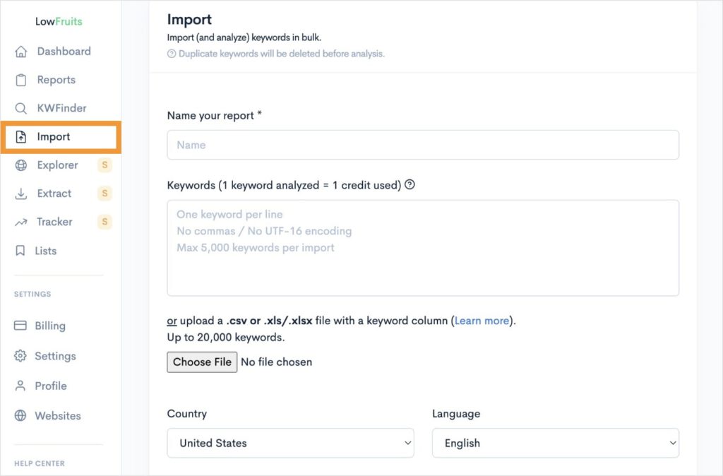 Import Tool Import tool in LowFruits allows you to add keywords.
