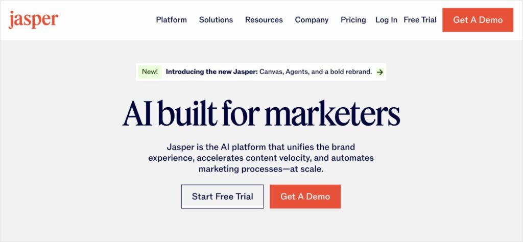 Jasper homepage, an AI SEO tool built for marketers.