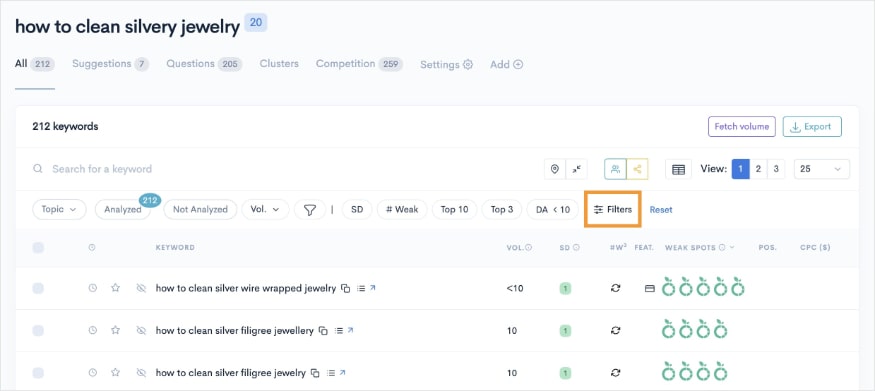 Add a Filter KWFinder report with filters tool highlighted.