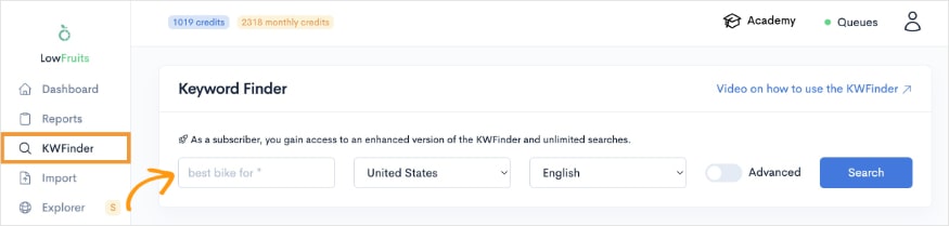 Search a keyword in the KWfinder.