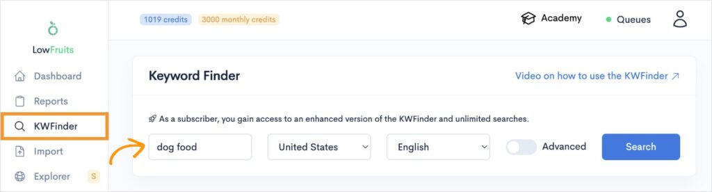 KWFinder search in LowFruits.