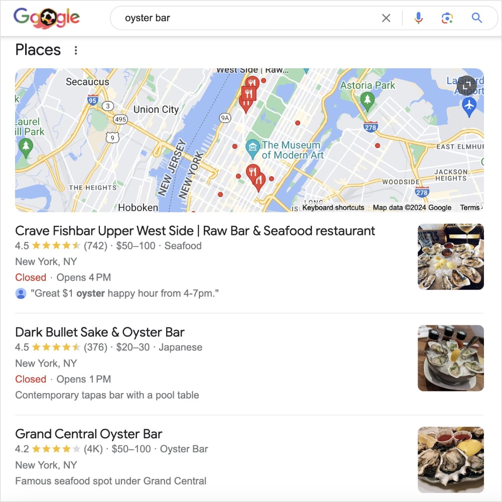 Google Local Pack shows local results for oysters.