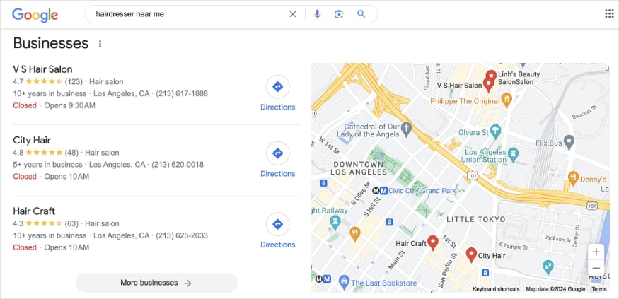 Local Search Results Google local business results for the query hairdresser near me.