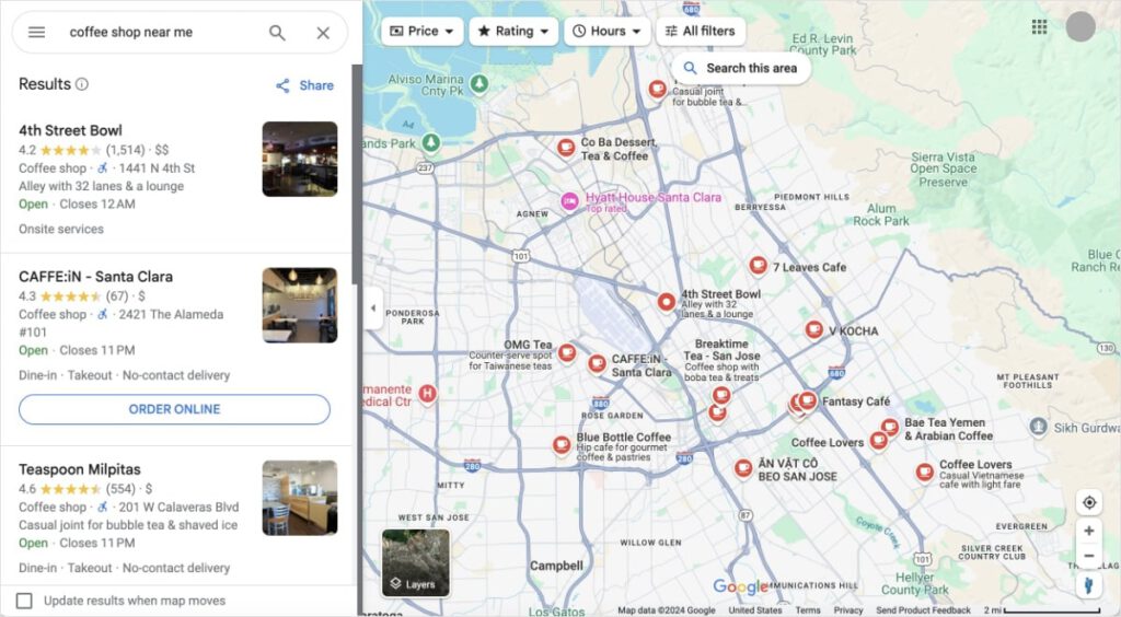 Local Search Results in Google Maps Local search results in Google Maps for the query coffee shop near me.