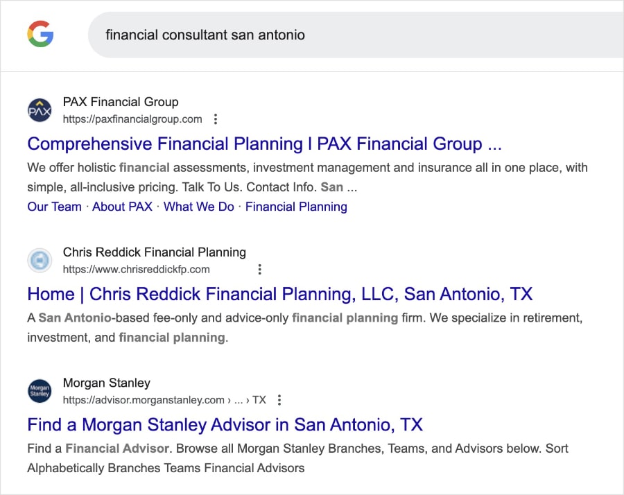 Local Search Results in Google Google local search results for the query financial consultant san antonio.