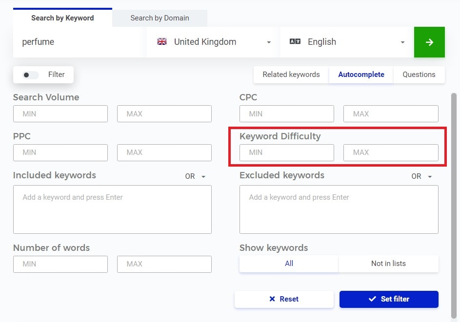A screenshot of a Mangools SEO keywords page.