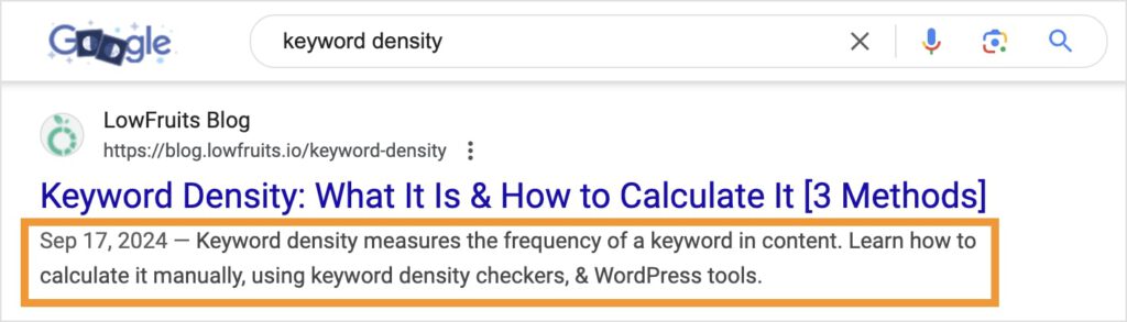 Meta description in Google about keyword density.