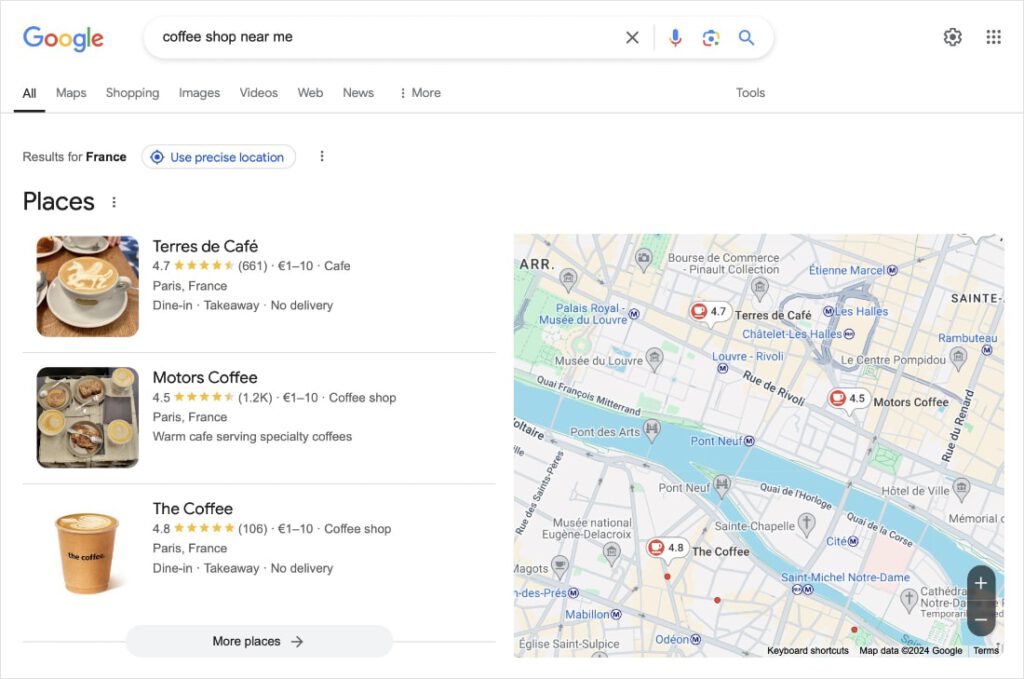 Local Results for a Near Me Search Google Map Pack results for the query coffee shop near me.