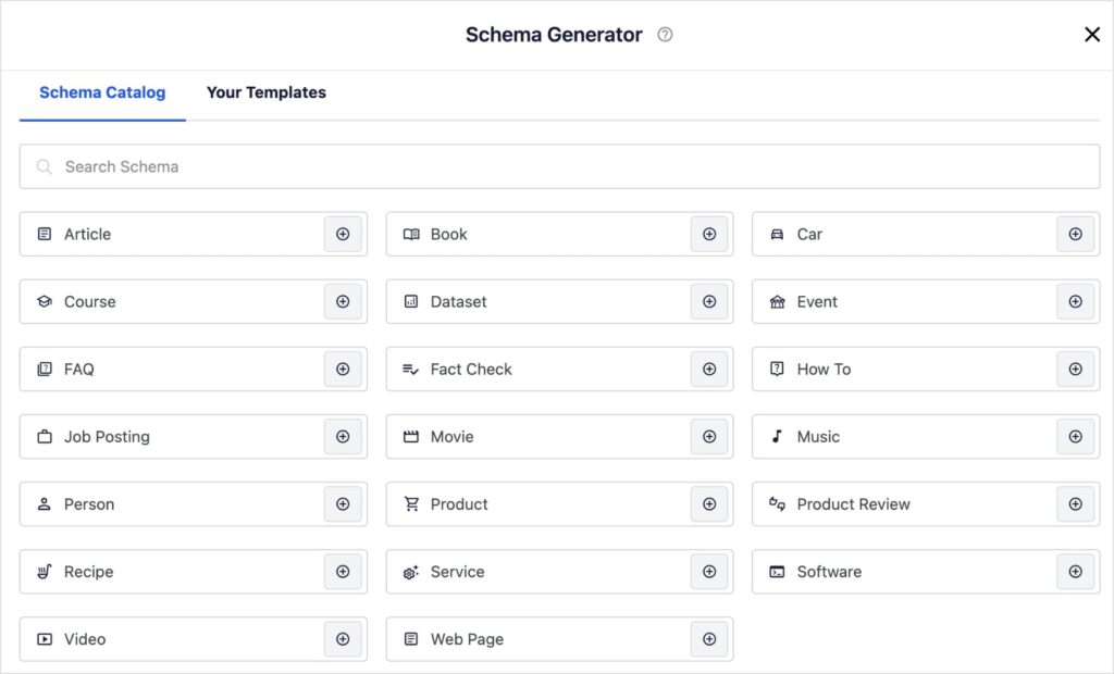 AIOSEO schema generator catalog.