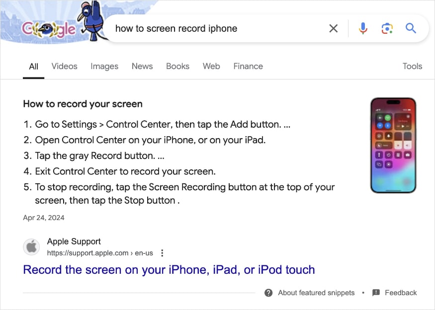 Numbered List Example Numbered list in featured snippet with steps for how to record your iphone screen.