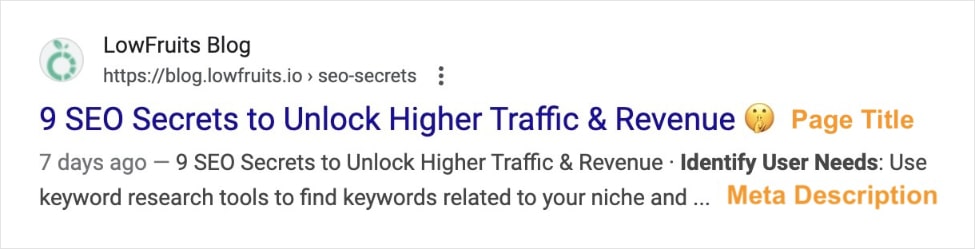LowFruits blog in Google search results for 9 SEO secrets.
