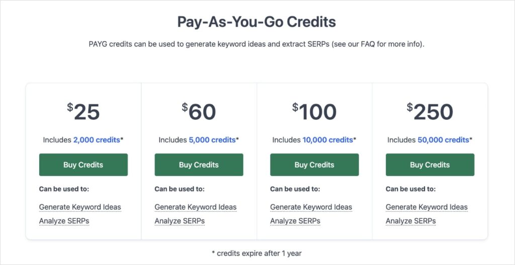 LowFruits pricing for pay as you go credits.