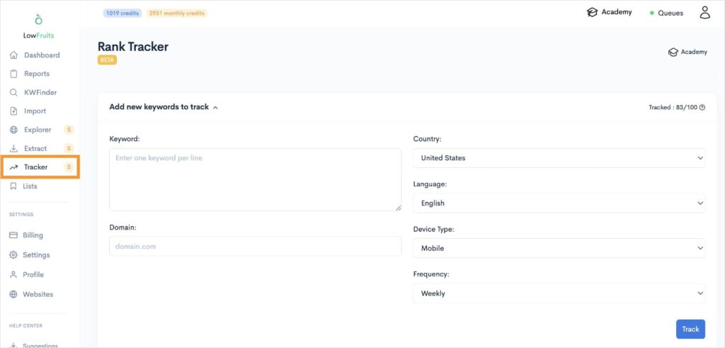 LowFruits Rank Tracker set up.