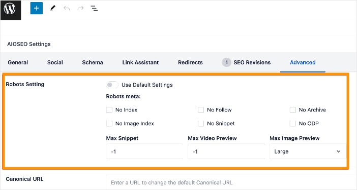 Robots meta tags in AIOSEO settings.