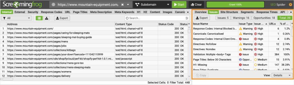 Screaming Frog issues tab shows site issues for a domain.