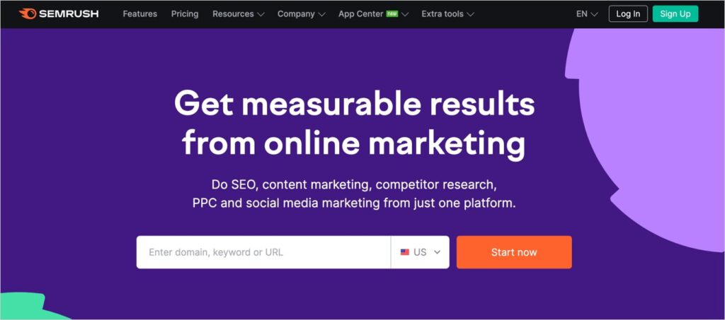 Semrush homepage, a comprehensive SEO tool.