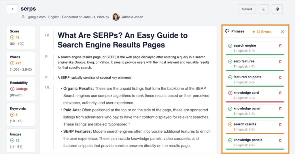 SEOBoost keyword optimization feedback.