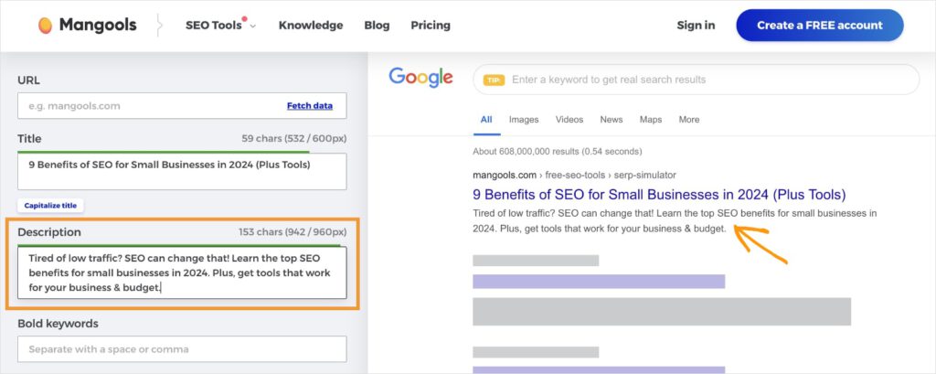 Meta description in the Mangools SERP preview tool.
