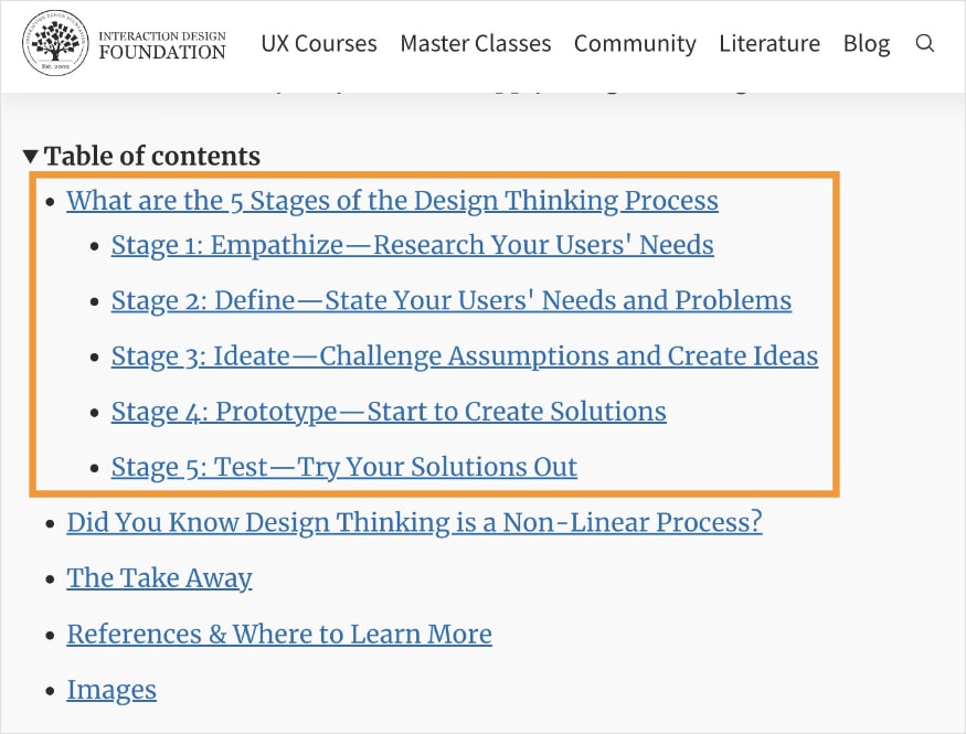 Table of Contents Table of contents with 5 steps.