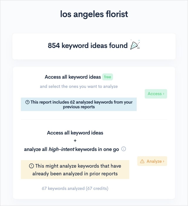Options to view keyword report.