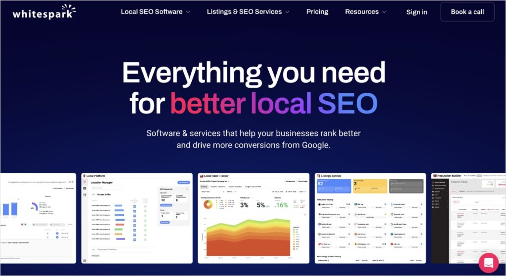 Whitespark homepage, a local SEO rank tracking tool.