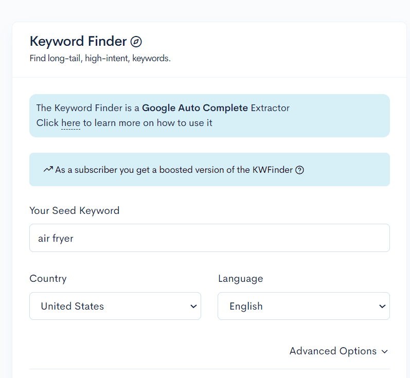 A screenshot of the Google autocomplete keyword finder for different niches like Air Fryer Pets and Travel A screenshot of the Google autocomplete keyword finder for different niches like Air Fryer, Pets, and Travel.