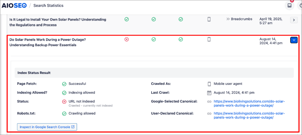 WordPress Search Statistics shows if a post was indexed and crawled.